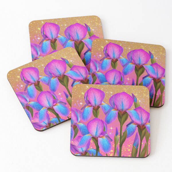 Item preview, Vibrant purple and blue iris flowers against a shimmering golden background. designed and sold by stardustcloset.