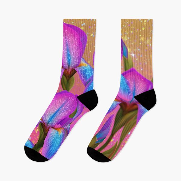 Item preview, Vibrant purple and blue iris flowers against a shimmering golden background. designed and sold by stardustcloset.