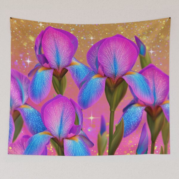 Item preview, Vibrant purple and blue iris flowers against a shimmering golden background. designed and sold by stardustcloset.