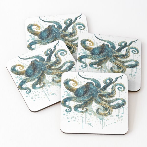 Item preview, Vintage Teal and Gold Octopus Watercolor Art designed and sold by ATMAS SHOP.