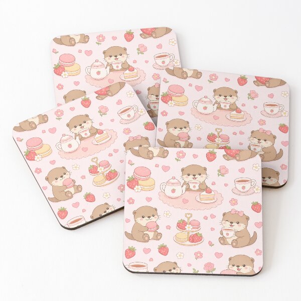 Item preview, Otter Strawberry Tea Party Kawaii Pattern designed and sold by Soft Berry Studio.