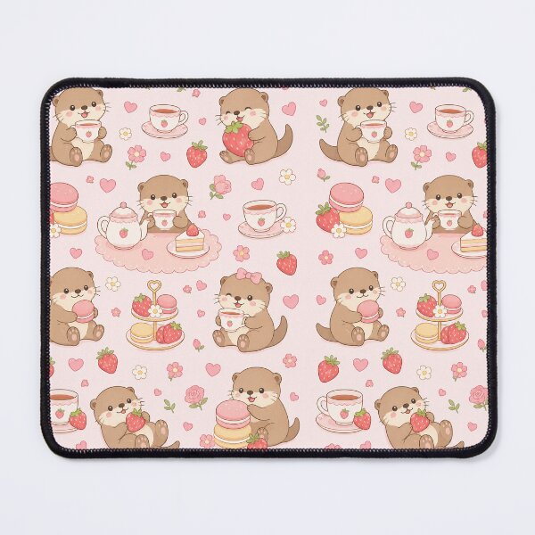 Item preview, Otter Strawberry Tea Party Kawaii Pattern designed and sold by Soft Berry Studio.