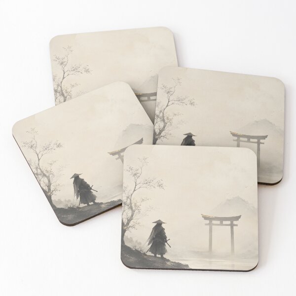 Item preview, Samurai Torii Gate Poster – Minimal Japanese Warrior Silhouette in Misty Shrine Landscape designed and sold by Yuzanart-japan.