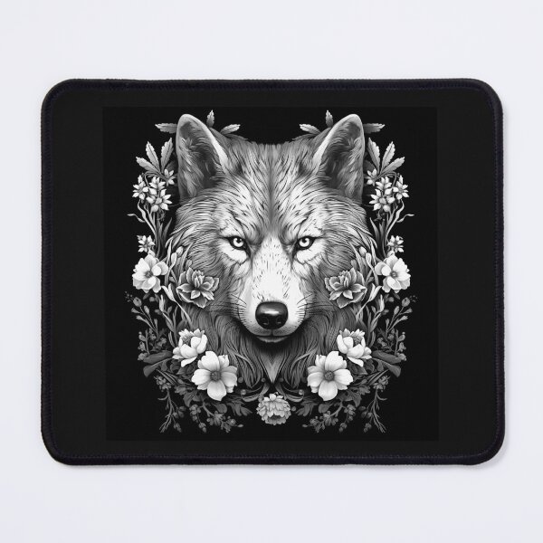 Item preview, Floral Wolf Portrait in Black and White designed and sold by inkoutninja.