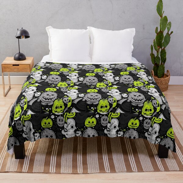 Item preview, Neon Halloween Pumpkin and Skull Pattern - Spooky Doodle Graphic Art designed and sold by UrbanCanvas 111.