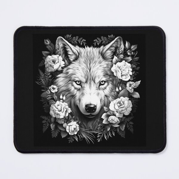 Item preview, Majestic Floral Wolf Portrait in Black and White designed and sold by inkoutninja.