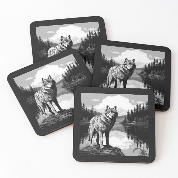 Item preview, Lone Wolf by a Mountain Lake in Black and White designed and sold by inkoutninja.