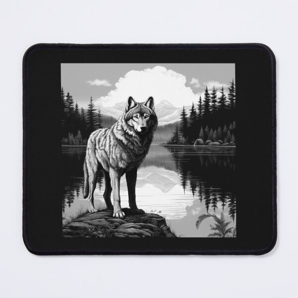 Item preview, Lone Wolf by a Mountain Lake in Black and White designed and sold by inkoutninja.