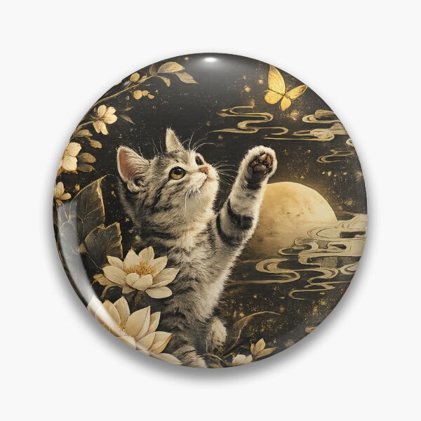 Item preview, Cute Kitten Playing with Golden Flowers and Moon designed and sold by arildesings.
