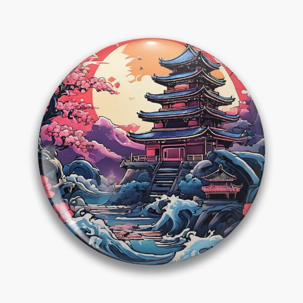 Item preview, Vibrant Japanese Pagoda & Cherry Blossom Sunset Landscape designed and sold by nomadspiritco.