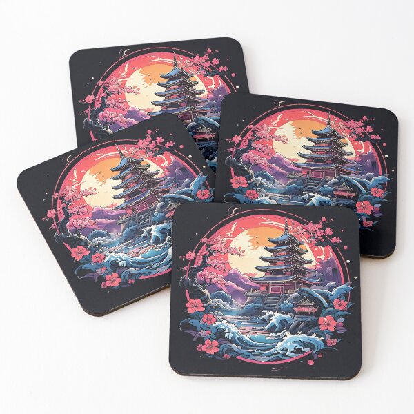 Item preview, Vibrant Japanese Pagoda & Cherry Blossom Sunset Landscape designed and sold by nomadspiritco.