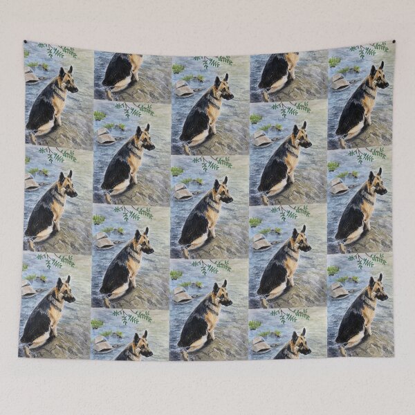 Item preview, German Shepherd enjoying the calm stream waters  designed and sold by AutuminaArt.