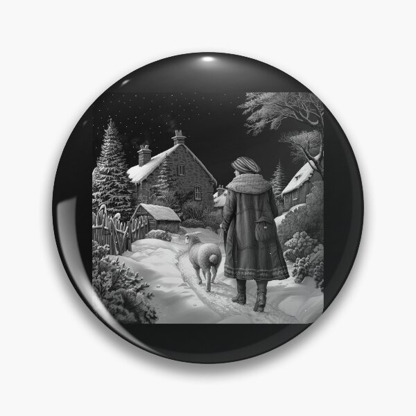 Item preview, Winter Shepherd Walking with Sheep Through a Snowy Village designed and sold by inkoutninja.