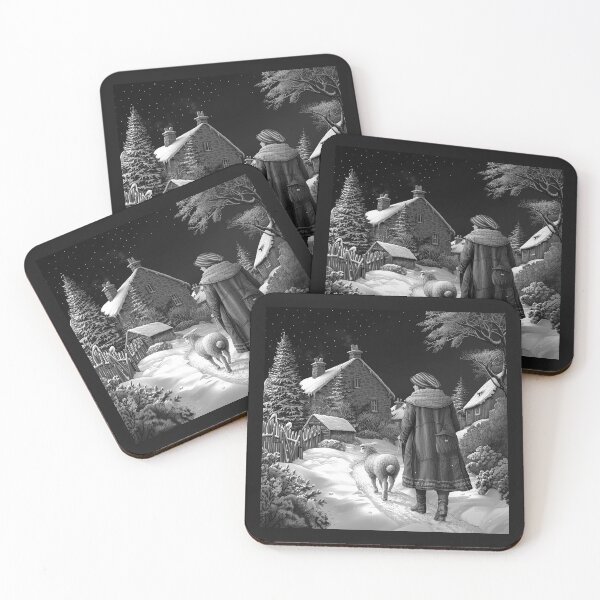 Item preview, Winter Shepherd Walking with Sheep Through a Snowy Village designed and sold by inkoutninja.