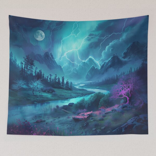 Item preview, Watercolor Bioluminescent Storm Alien Valley Landscape designed and sold by Luminous Wilds.