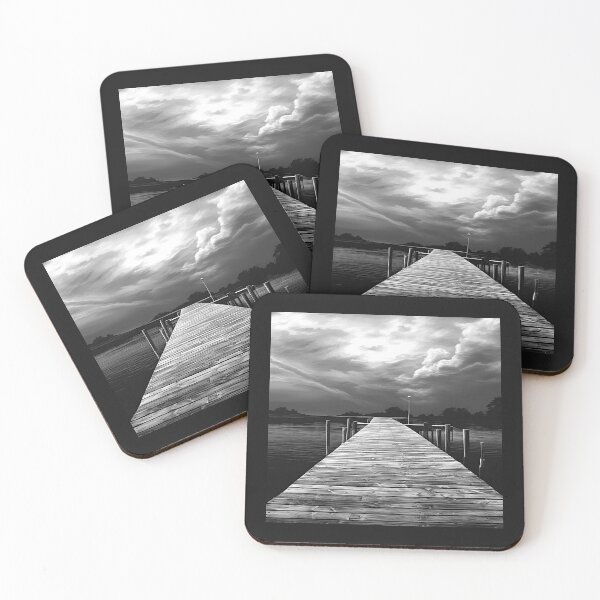 Item preview, Stormy Lake Dock in Black and White designed and sold by inkoutninja.