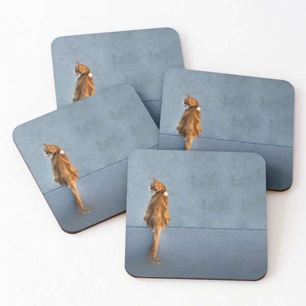 Item preview, Minimalist Ginger Cat on Blue Wall Photography Print designed and sold by LinaDesign Store.