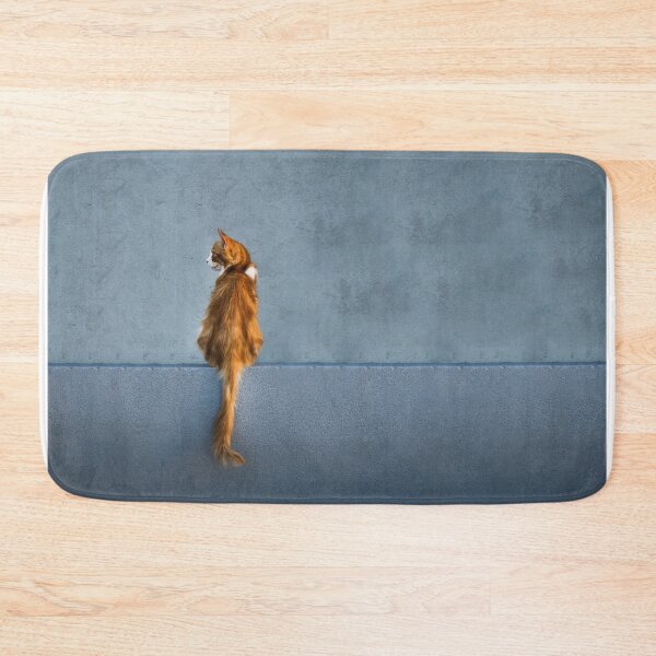 Item preview, Minimalist Ginger Cat on Blue Wall Photography Print designed and sold by LinaDesign Store.