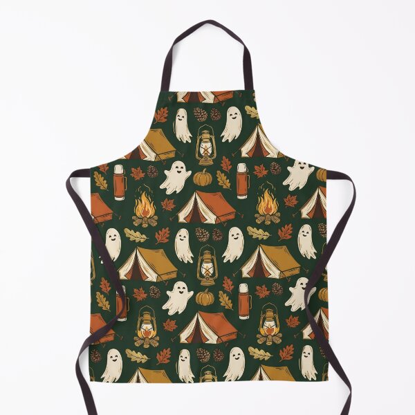 Item preview, Spooky Autumn Camping Seamless Pattern Bold Forest Green Ghost Campfire Luxury Print designed and sold by yanejoy.