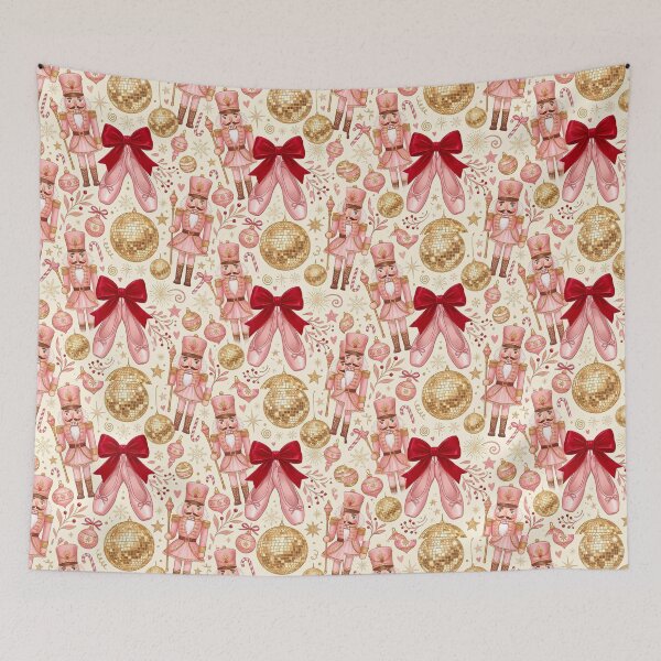 Item preview, Coquette Pink Nutcracker Seamless Pattern Bold Red Bow Holiday Wrapping Design designed and sold by yanejoy.