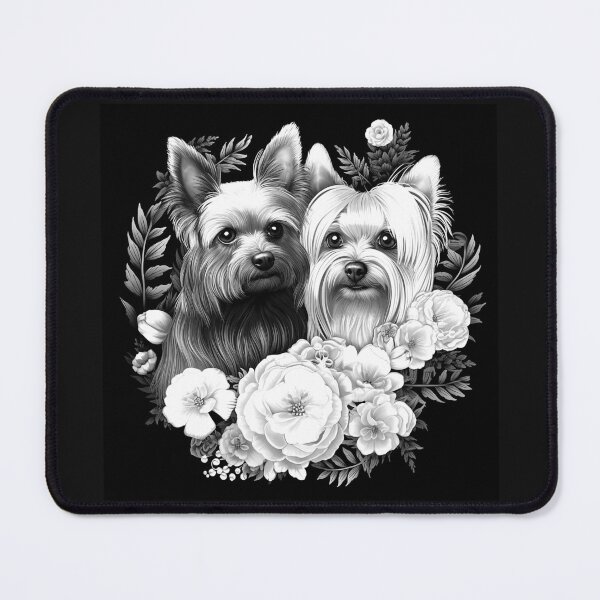 Item preview, Yorkshire Terrier Couple with Flowers in Black and White designed and sold by inkoutninja.