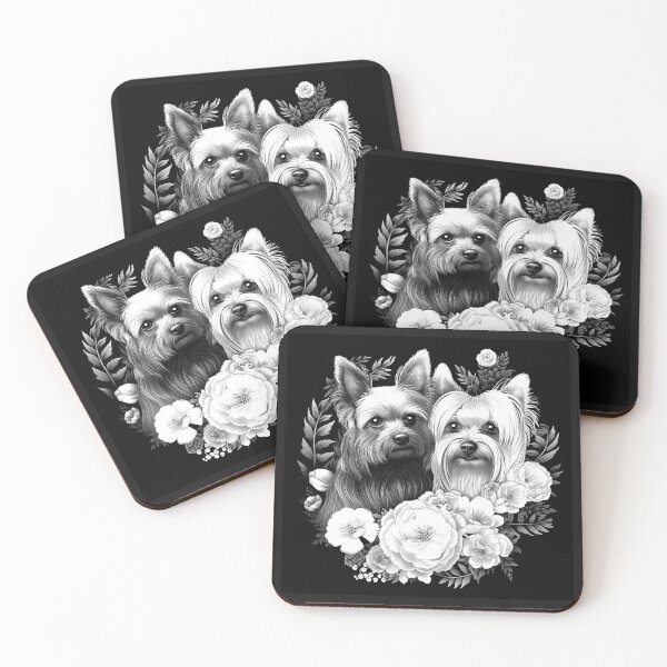 Item preview, Yorkshire Terrier Couple with Flowers in Black and White designed and sold by inkoutninja.