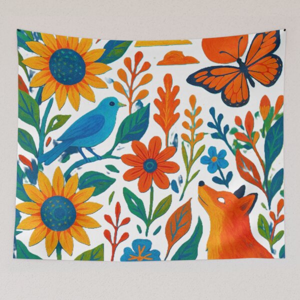 Item preview, Whimsical Folk Art Woodland Fox and Bluebird Meadow designed and sold by Nexus Space.