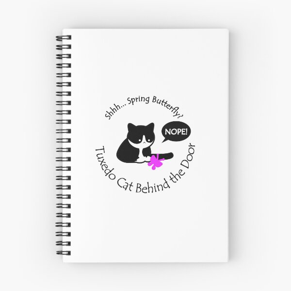 Item preview, Funny and Chubby Tuxedo Cat Spring Butterfly Behind the Door Black Text designed and sold by Na7nasColorShop.