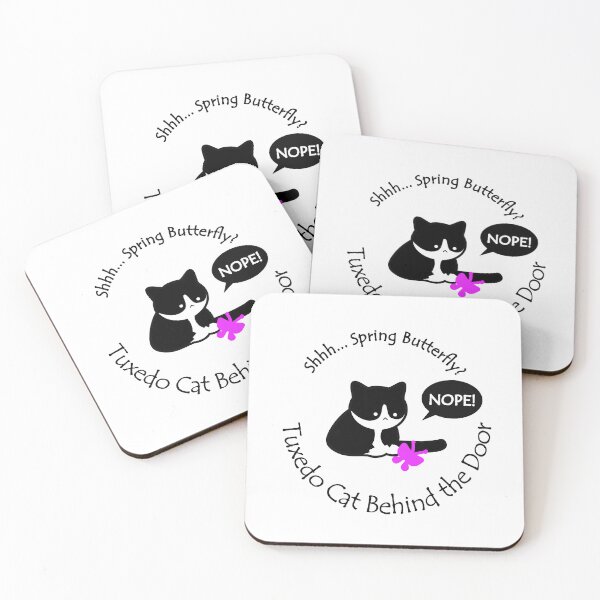 Item preview, Funny and Chubby Tuxedo Cat Spring Butterfly Behind the Door Black Text designed and sold by Na7nasColorShop.