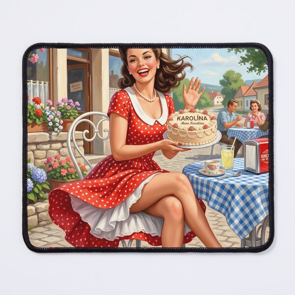 Item preview, Vintage 1950s Pin-Up Girl Serving Bakery Cake Art Print designed and sold by Vincent-68.
