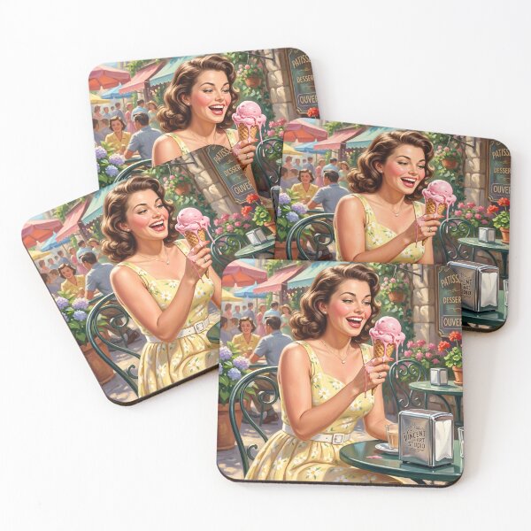 Item preview, Vintage Summer Joy Woman Eating Ice Cream Cafe Wall Art designed and sold by Vincent-68.