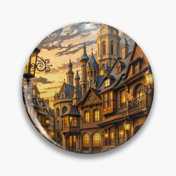 Item preview, Magical Old Town Street at Sunset – Fantasy Clock Tower Village Print designed and sold by Kaleidoscope Print.