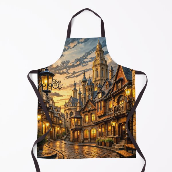 Item preview, Magical Old Town Street at Sunset – Fantasy Clock Tower Village Print designed and sold by Kaleidoscope Print.