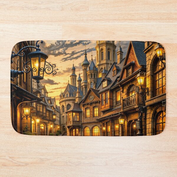 Item preview, Magical Old Town Street at Sunset – Fantasy Clock Tower Village Print designed and sold by Kaleidoscope Print.