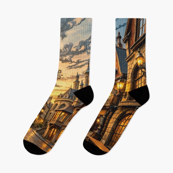 Item preview, Magical Old Town Street at Sunset – Fantasy Clock Tower Village Print designed and sold by Kaleidoscope Print.