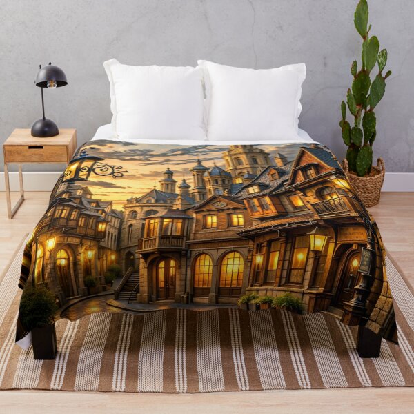 Item preview, Magical Old Town Street at Sunset – Fantasy Clock Tower Village Print designed and sold by Kaleidoscope Print.