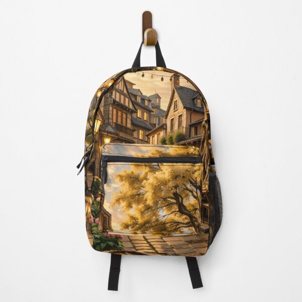 Item preview, Cozy European Village Square – Golden Tree Café Street Print designed and sold by Kaleidoscope Print.
