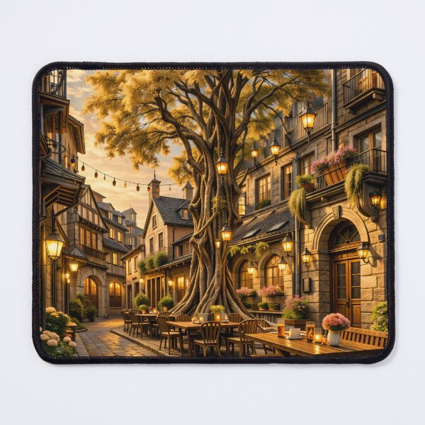 Item preview, Cozy European Village Square – Golden Tree Café Street Print designed and sold by Kaleidoscope Print.