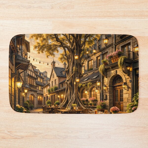 Item preview, Cozy European Village Square – Golden Tree Café Street Print designed and sold by Kaleidoscope Print.