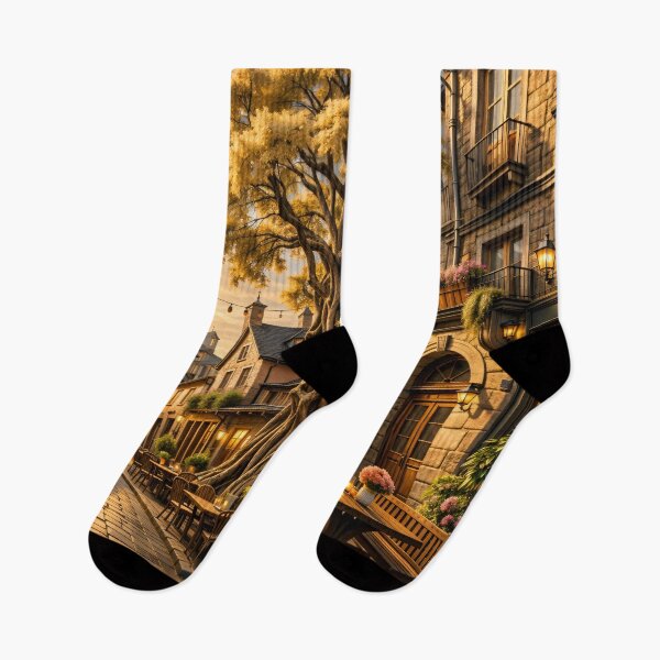 Item preview, Cozy European Village Square – Golden Tree Café Street Print designed and sold by Kaleidoscope Print.