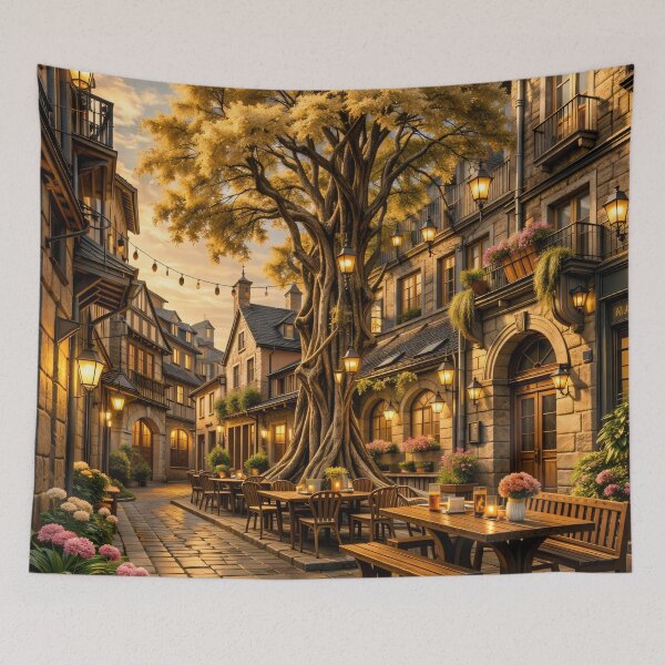 Item preview, Cozy European Village Square – Golden Tree Café Street Print designed and sold by Kaleidoscope Print.