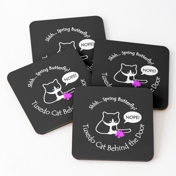 Item preview, Funny and Chubby Tuxedo Cat Spring Butterfly Behind the Door White Text designed and sold by Na7nasColorShop.
