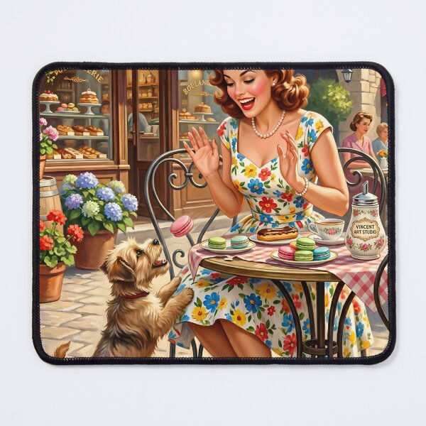 Item preview, Retro Parisian Cafe Scene with Woman and Dog Wall Art designed and sold by Vincent-68.