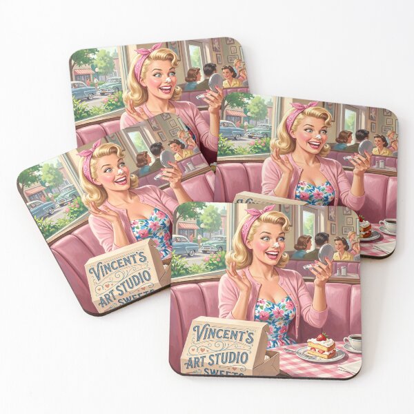 Item preview, Retro 1950s Diner Girl Strawberry Cake Illustration designed and sold by Vincent-68.