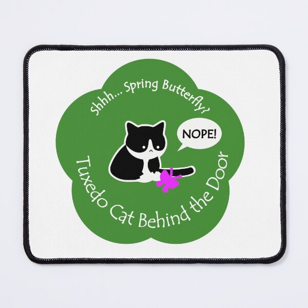 Item preview, Funny and Chubby Tuxedo Cat Spring Butterfly Behind the Door Green Base designed and sold by Na7nasColorShop.