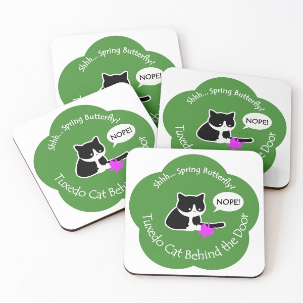 Item preview, Funny and Chubby Tuxedo Cat Spring Butterfly Behind the Door Green Base designed and sold by Na7nasColorShop.
