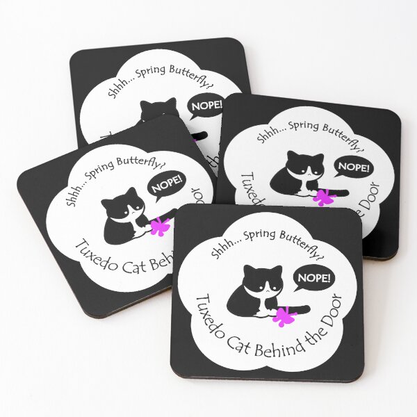 Item preview, Funny and Chubby Tuxedo Cat Spring Butterfly Behind the Door White Base designed and sold by Na7nasColorShop.
