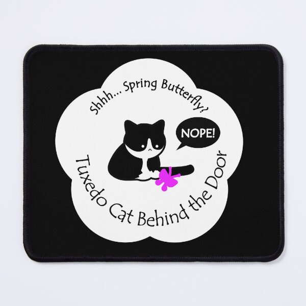 Item preview, Funny and Chubby Tuxedo Cat Spring Butterfly Behind the Door White Base designed and sold by Na7nasColorShop.