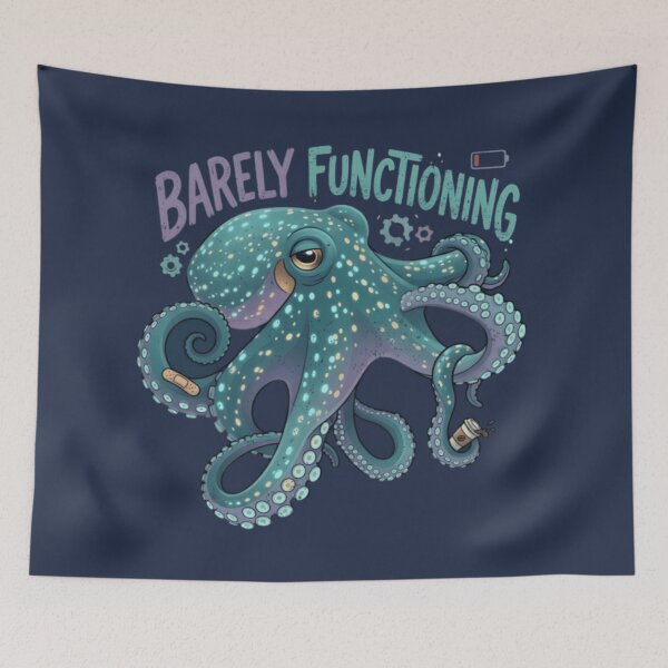 Item preview, Barely Functioning Octopus T-Shirt & Sticker – Funny Tired Sea Creature Meme for Introverts and Coffee Lovers designed and sold by ZyxDes.