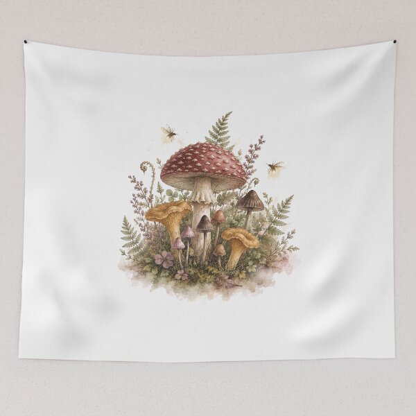 Item preview, Mushrooms and Fireflies — Whimsical Cottagecore Pattern Art designed and sold by DreamelleStudio.